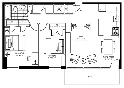 Floor plan for 2 beds, 1 bath, 909 sqft